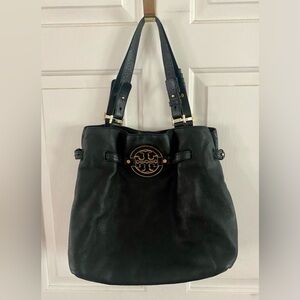 Tory Burch Black Leather Tote Bag with Gold Logo